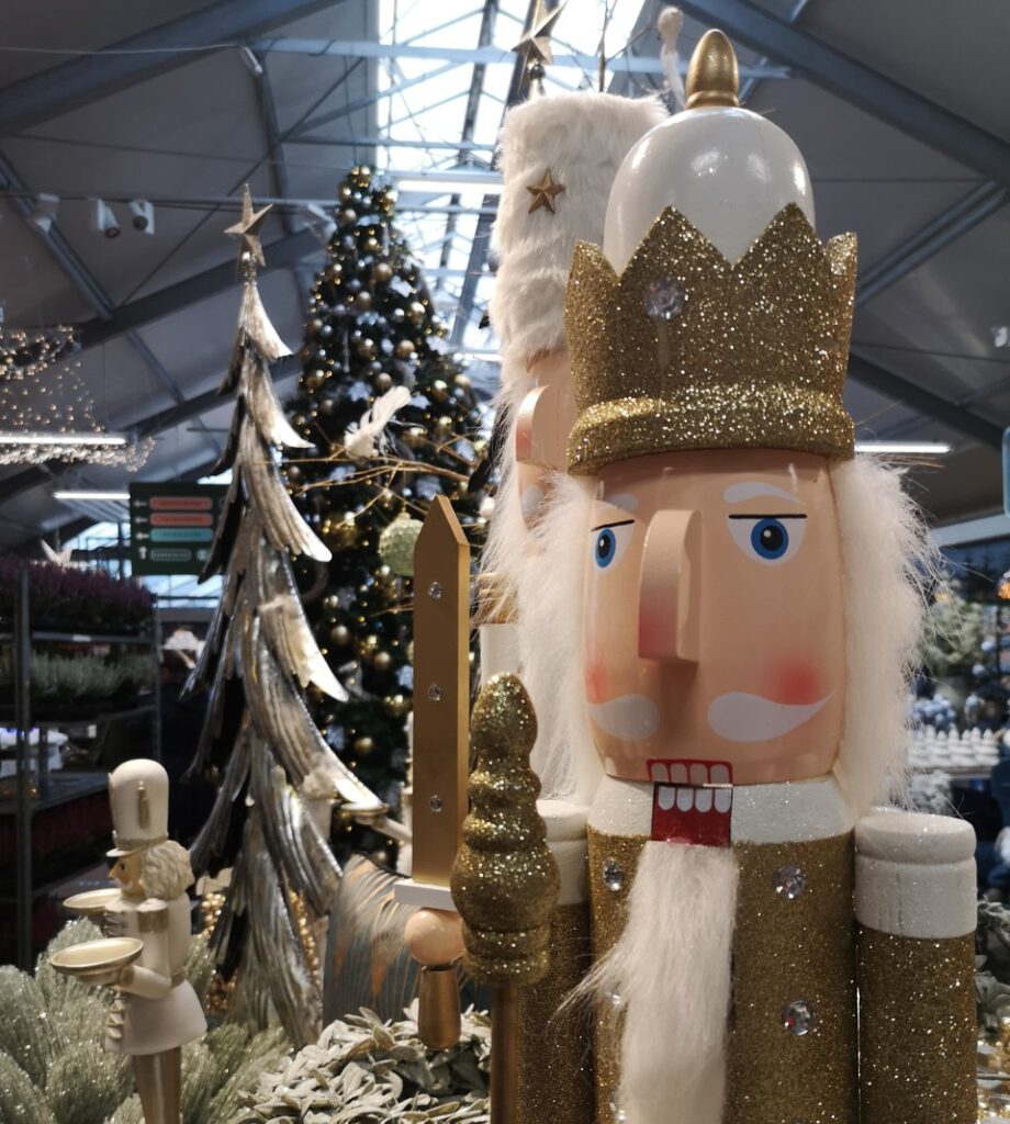 Holiday Exhibit with Golden Glitter Nutcrackers and Christmas Trees