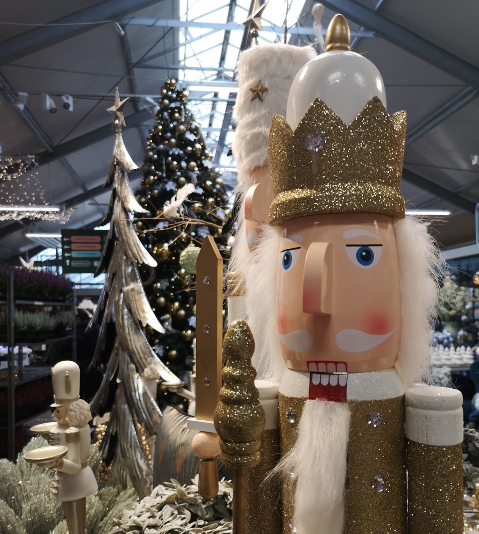 Holiday Exhibit with Golden Glitter Nutcrackers and Christmas Trees
