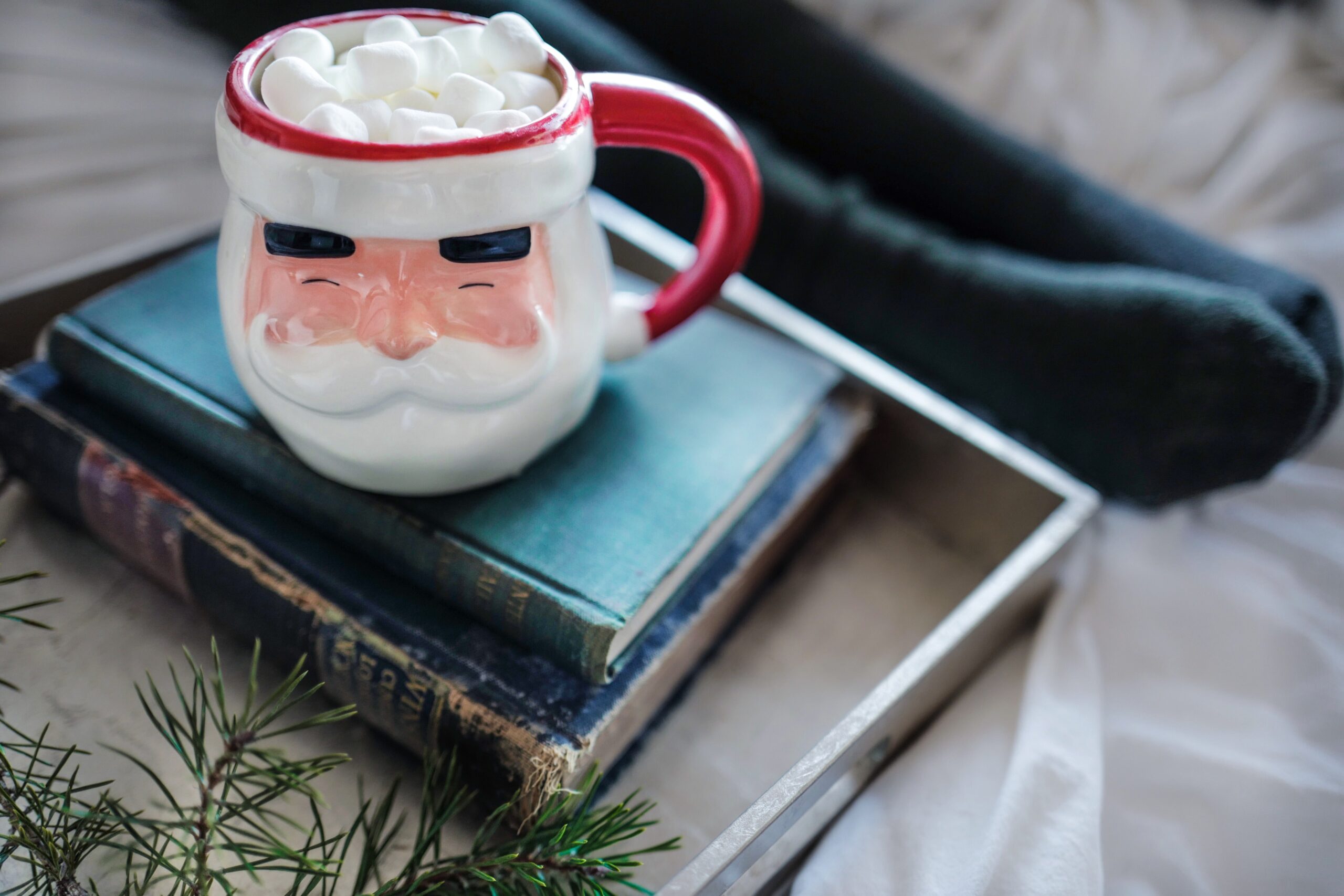 Santa Claus mug with marshmallows on top of two old books.